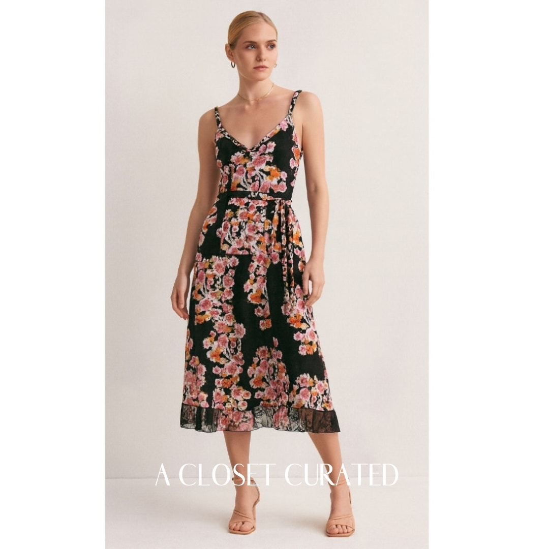 Dyvna Belted Floral Silk Crepe Midi Dress 2 Black Floral New